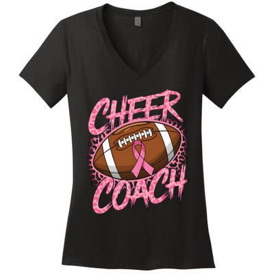 Football Cheer Coach Ribbon Breast Cancer Awareness Women's V-Neck T-Shirt