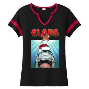 Funny Christmas Claus Shark Reindeer Ladies Halftime Notch Neck Tee