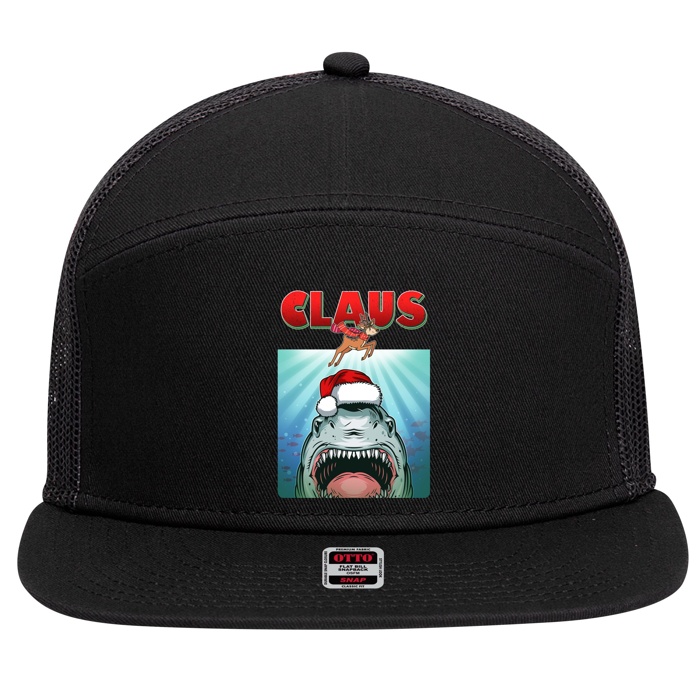 Funny Christmas Claus Shark Reindeer 7 Panel Mesh Trucker Snapback Hat