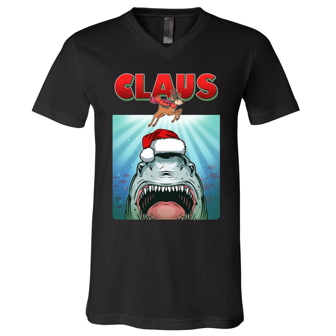 Funny Christmas Claus Shark Reindeer V-Neck T-Shirt