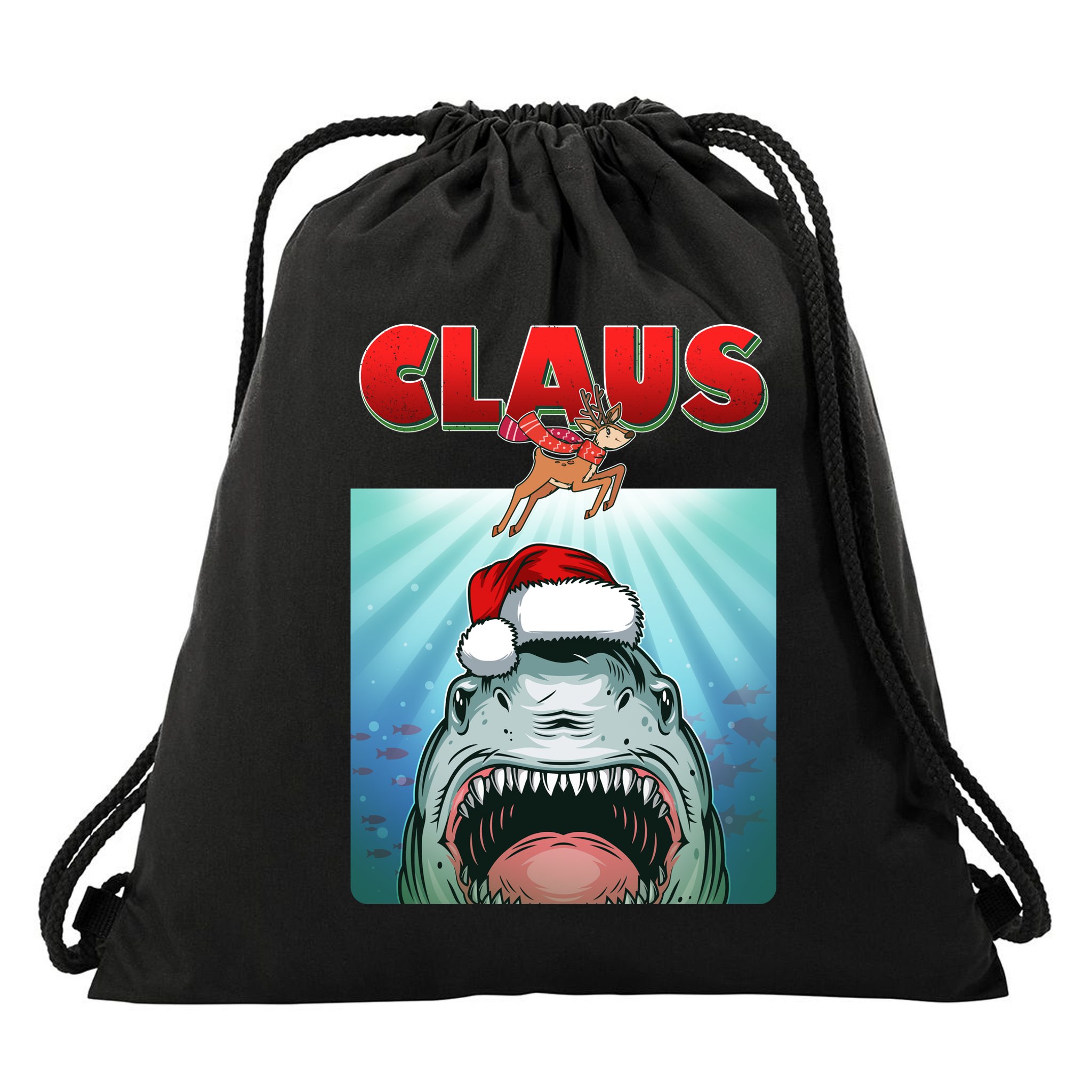 Funny Christmas Claus Shark Reindeer Drawstring Bag