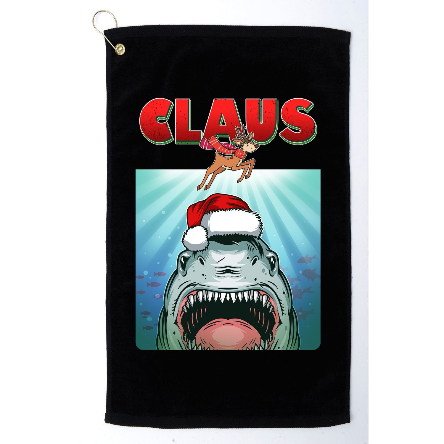 Funny Christmas Claus Shark Reindeer Golf Towel