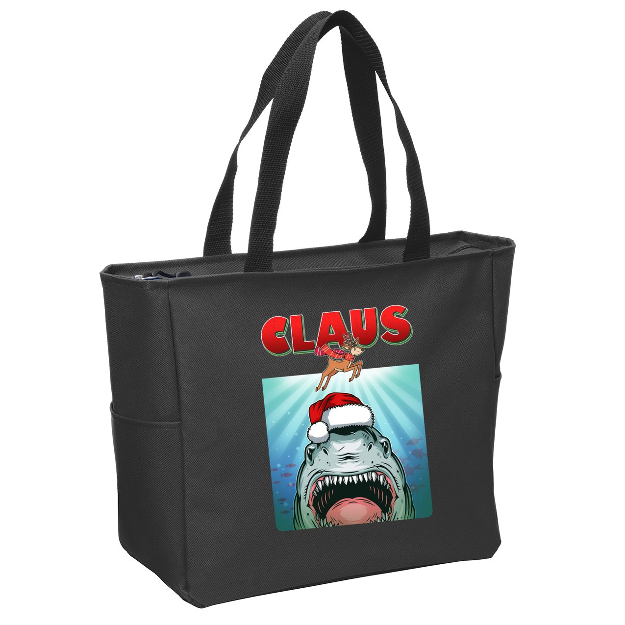 Funny Christmas Claus Shark Reindeer Zip Tote Bag