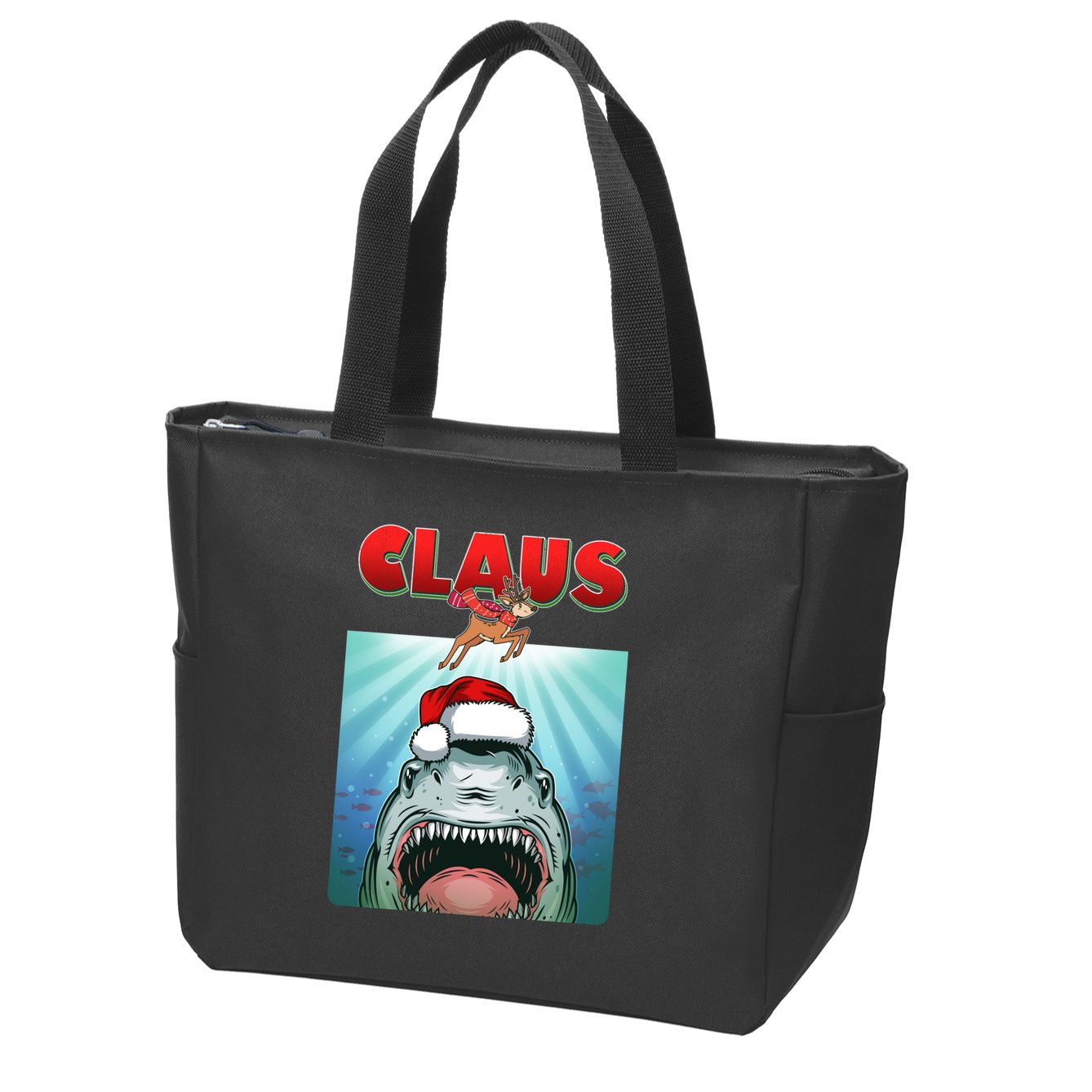 Funny Christmas Claus Shark Reindeer Zip Tote Bag