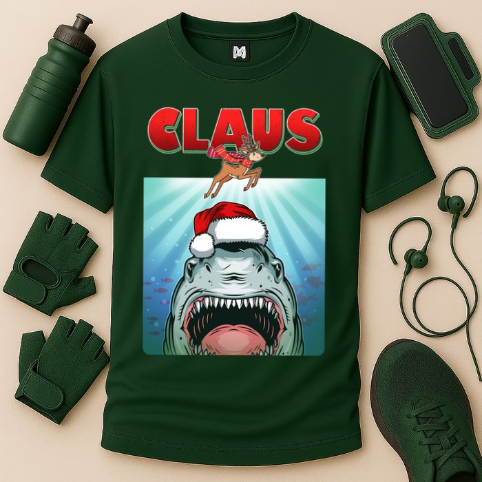 Funny Christmas Claus Shark Reindeer Cooling Performance Crew T-Shirt