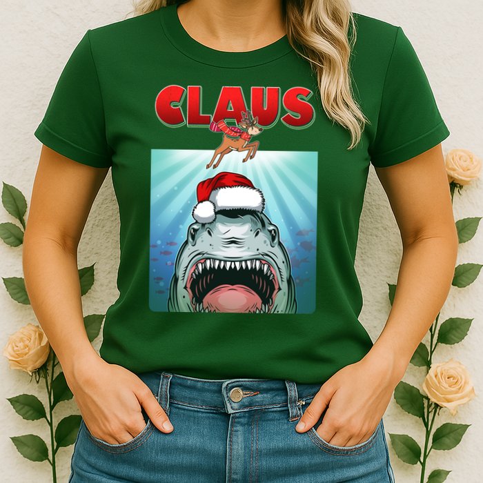 Funny Christmas Claus Shark Reindeer Womens T-Shirt