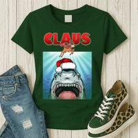 Funny Christmas Claus Shark Reindeer Womens T-Shirt
