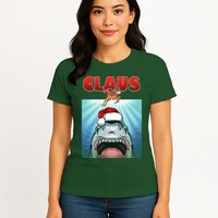 Funny Christmas Claus Shark Reindeer Womens T-Shirt