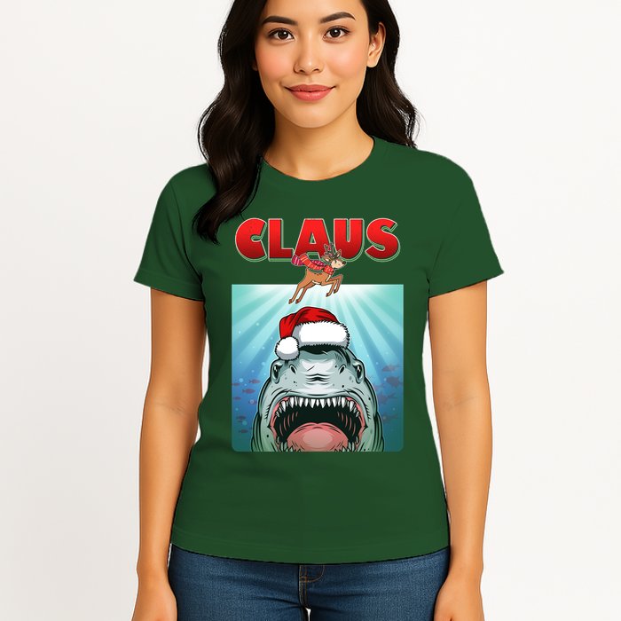 Funny Christmas Claus Shark Reindeer Womens T-Shirt