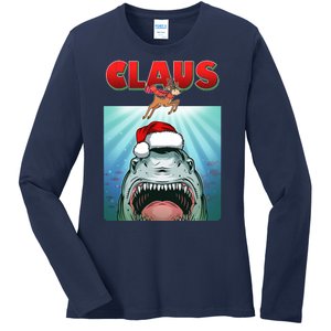 Funny Christmas Claus Shark Reindeer Ladies Long Sleeve Shirt