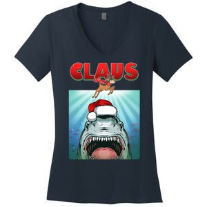 Funny Christmas Claus Shark Reindeer Women's V-Neck T-Shirt