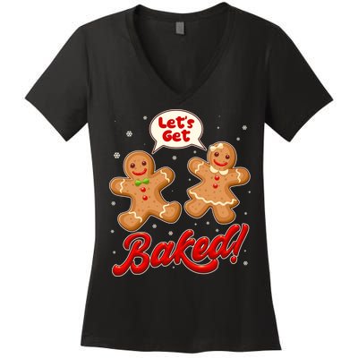 Funny Cute Christmas Let's Get Baked Gingerbread Cookies Women's V-Neck T-Shirt