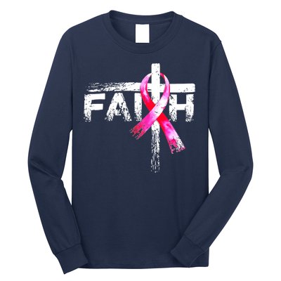 Faith Christian Cross Jesus Pink Ribbon Breast Cancer Long Sleeve Shirt