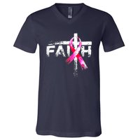 Faith Christian Cross Jesus Pink Ribbon Breast Cancer V-Neck T-Shirt