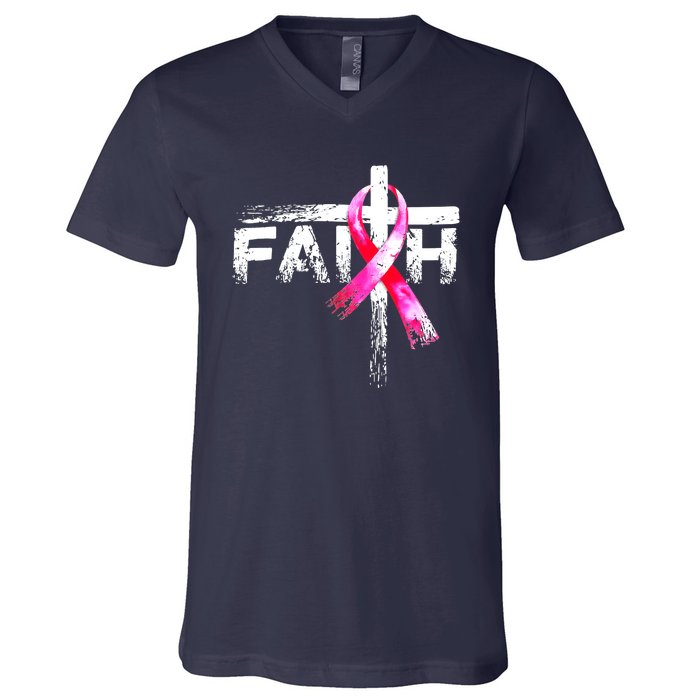 Faith Christian Cross Jesus Pink Ribbon Breast Cancer V-Neck T-Shirt