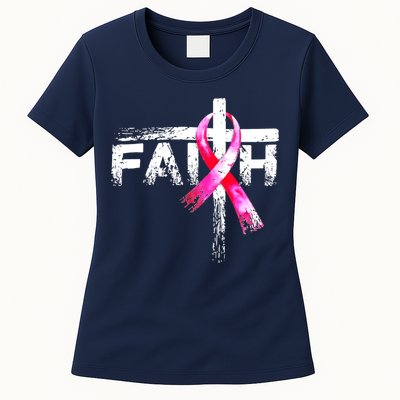 Faith Christian Cross Jesus Pink Ribbon Breast Cancer Womens T-Shirt
