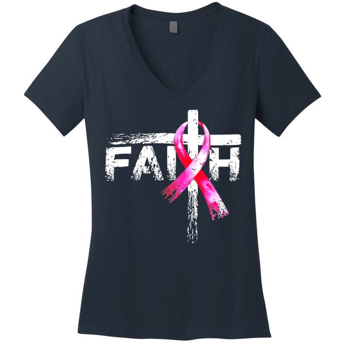 Faith Christian Cross Jesus Pink Ribbon Breast Cancer Women's V-Neck T-Shirt