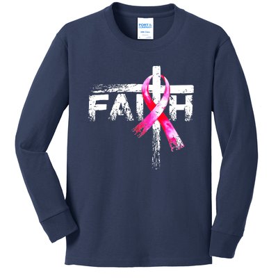 Faith Christian Cross Jesus Pink Ribbon Breast Cancer Kids Long Sleeve Shirt