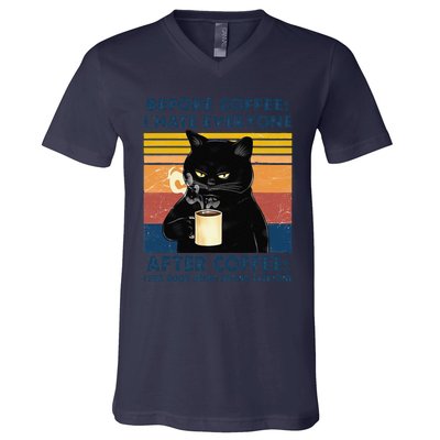 Funny Cat Coffee Before Coffee I Hate Everyone After Coffee V-Neck T-Shirt