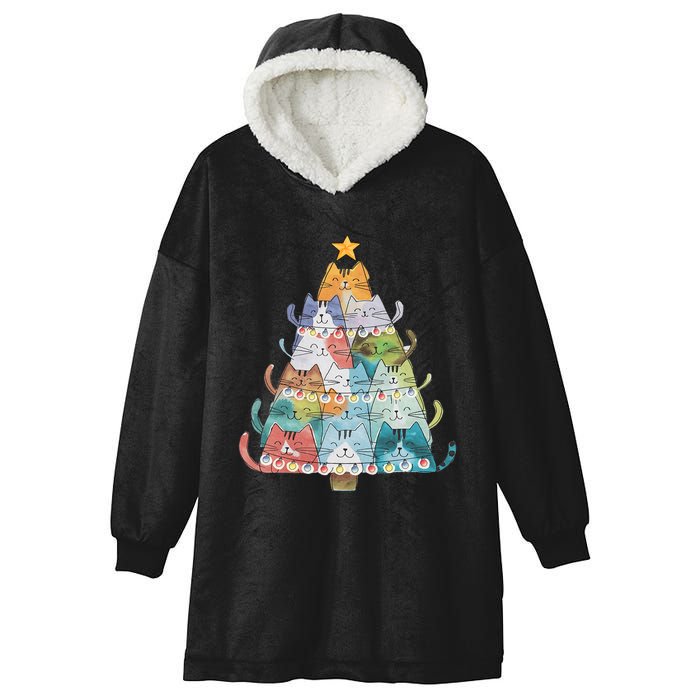 Funny Cat Christmas Tree Xmas Cat Lover Cat Graphic Hooded Wearable Blanket