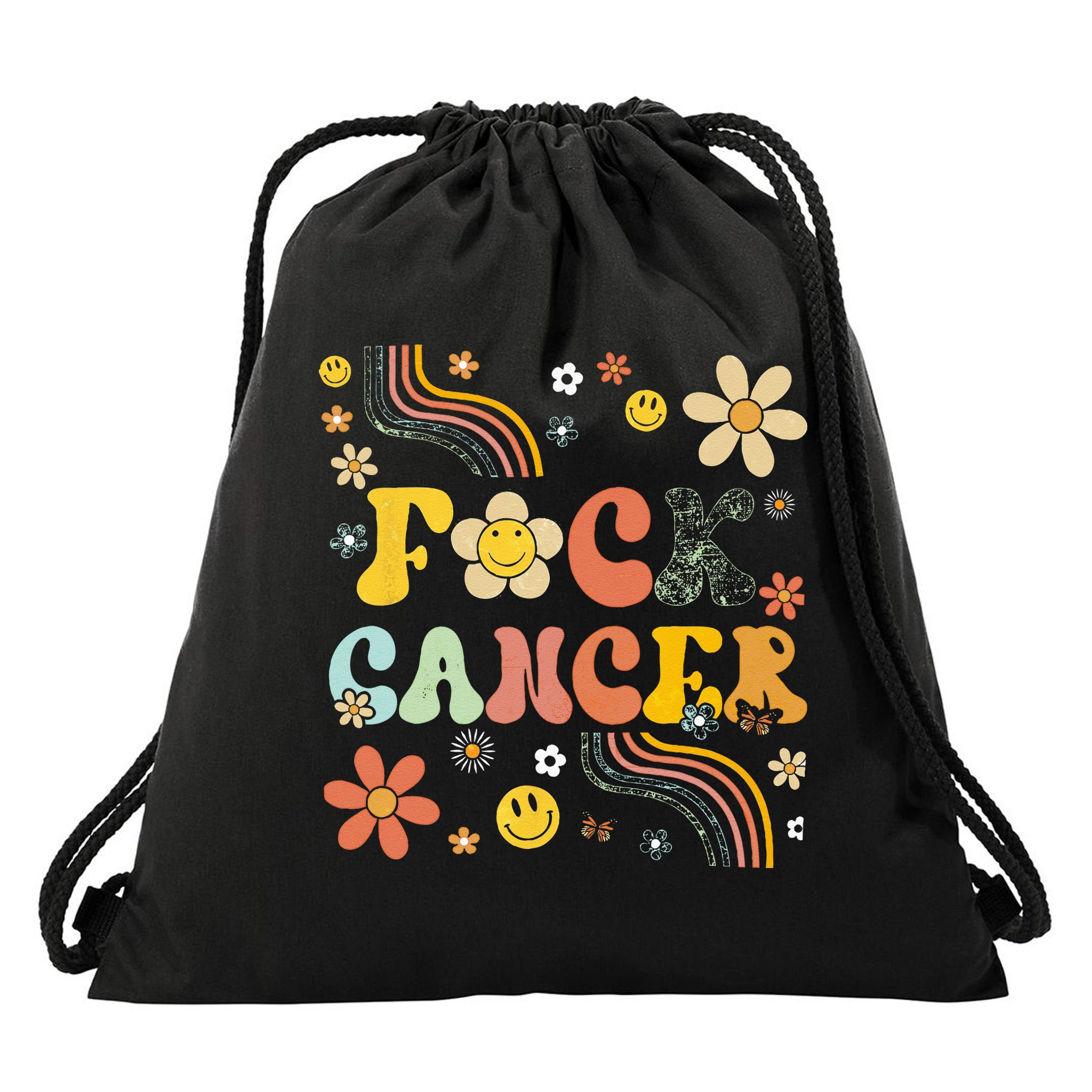 F Ck Cancer Groovy Retro Flower Awareness Against Cancer Drawstring Bag