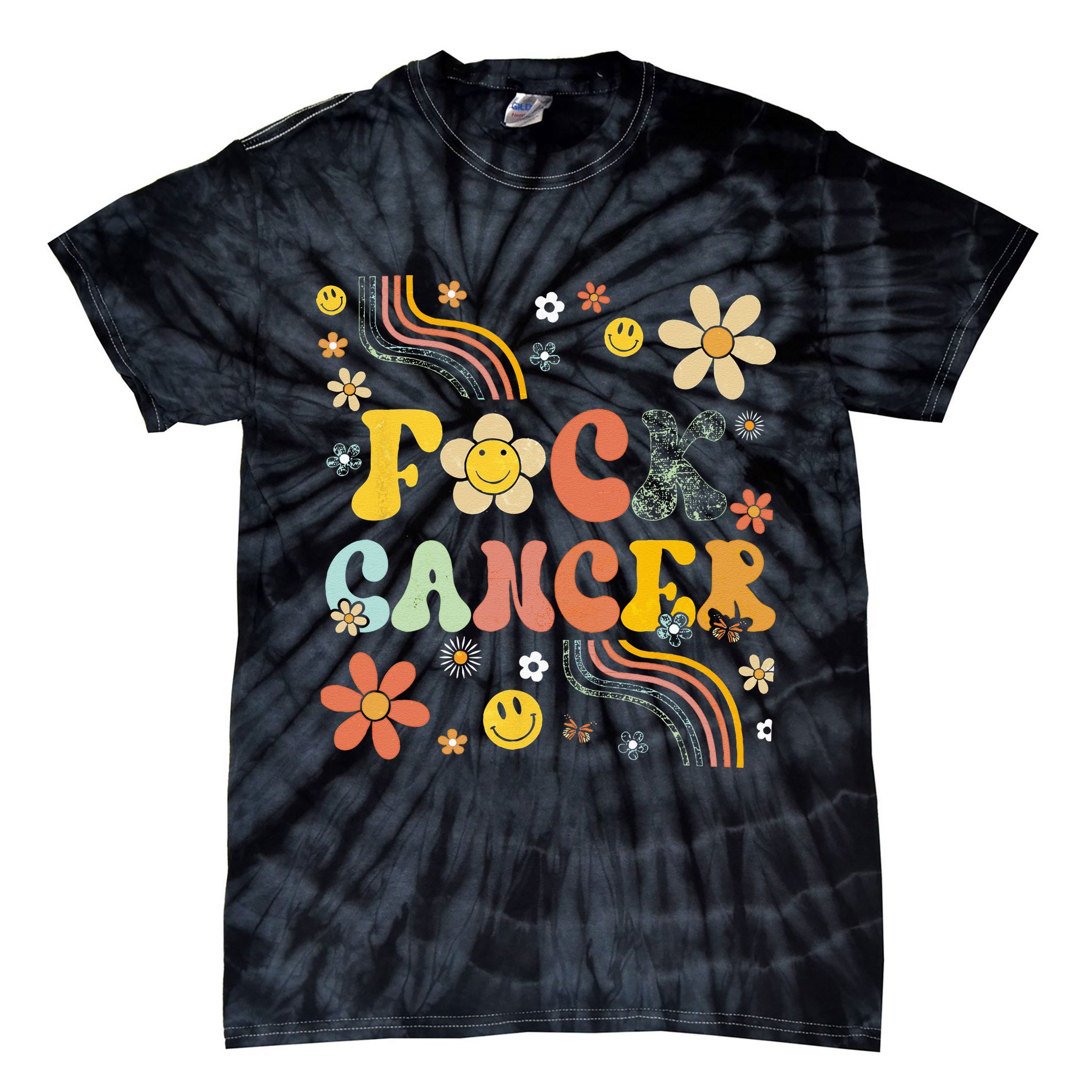 F Ck Cancer Groovy Retro Flower Awareness Against Cancer Tie-Dye T-Shirt