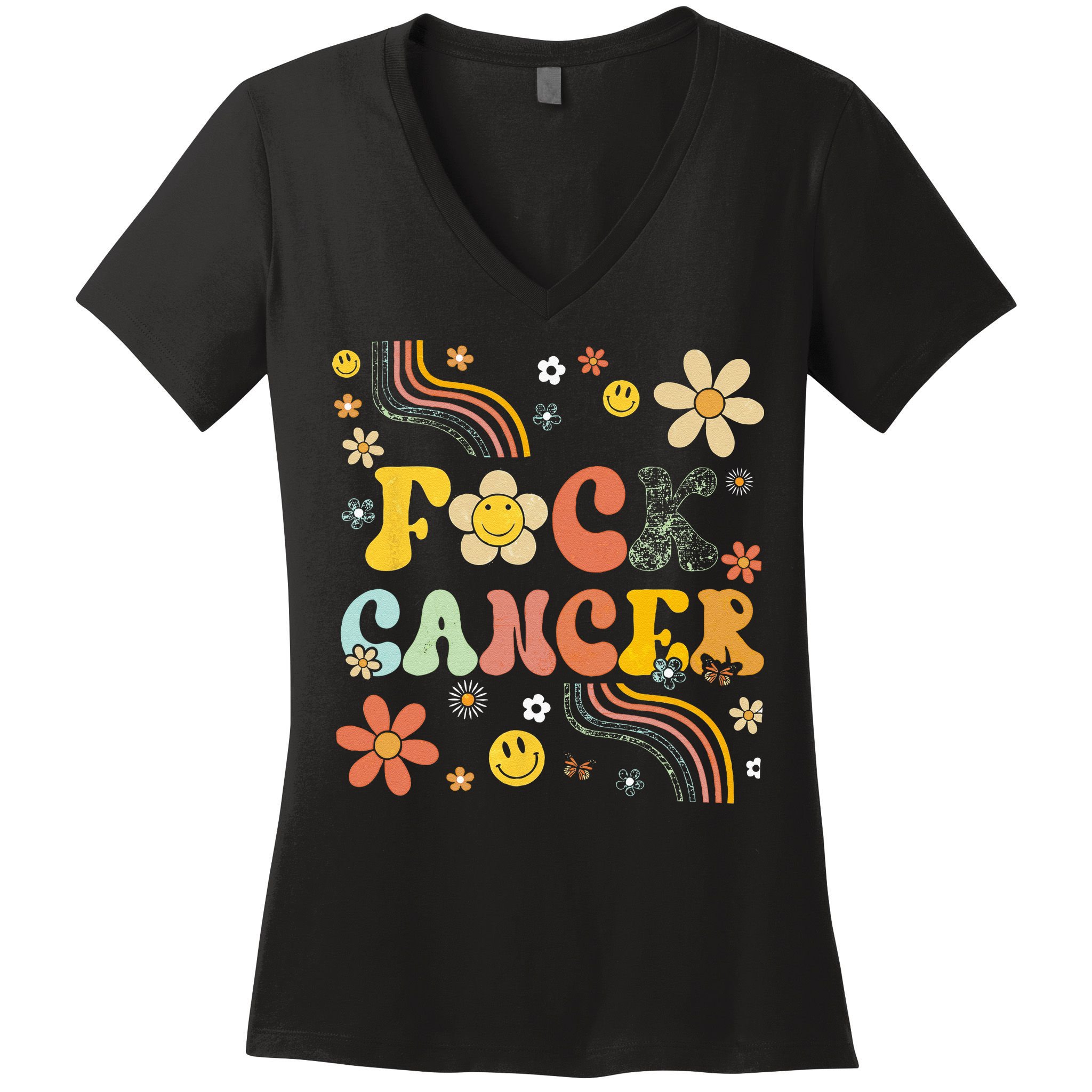 F Ck Cancer Groovy Retro Flower Awareness Against Cancer Women's V-Neck T-Shirt