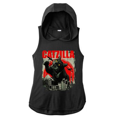 Funny Cat Catzilla Ladies PosiCharge Tri-Blend Wicking Draft Hoodie Tank