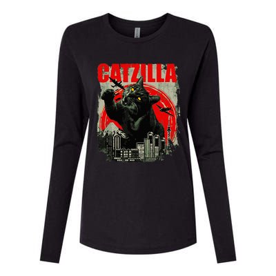 Funny Cat Catzilla Womens Cotton Relaxed Long Sleeve T-Shirt