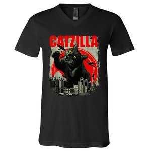 Funny Cat Catzilla V-Neck T-Shirt