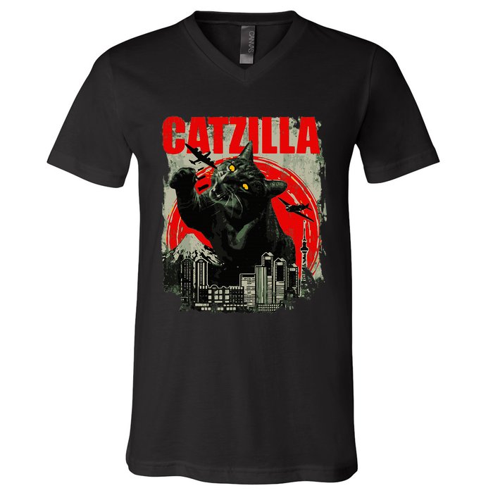 Funny Cat Catzilla V-Neck T-Shirt