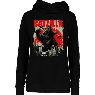 Funny Cat Catzilla Womens Funnel Neck Pullover Hood