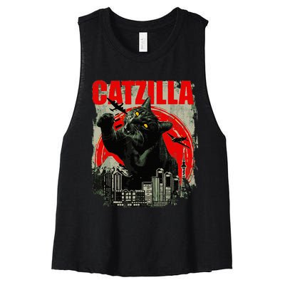 Funny Cat Catzilla Women's Racerback Cropped Tank