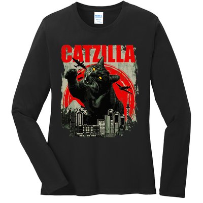 Funny Cat Catzilla Ladies Long Sleeve Shirt