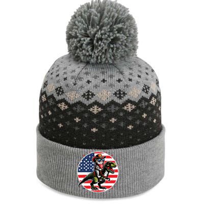 Funny Cowboy Cat Riding Dinosaur Usa Flag Trex 4th Of July The Baniff Cuffed Pom Beanie