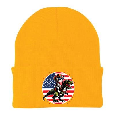 Funny Cowboy Cat Riding Dinosaur Usa Flag Trex 4th Of July Knit Cap Winter Beanie