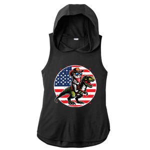 Funny Cowboy Cat Riding Dinosaur Usa Flag Trex 4th Of July Ladies PosiCharge Tri-Blend Wicking Draft Hoodie Tank