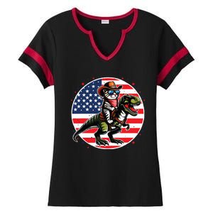 Funny Cowboy Cat Riding Dinosaur Usa Flag Trex 4th Of July Ladies Halftime Notch Neck Tee