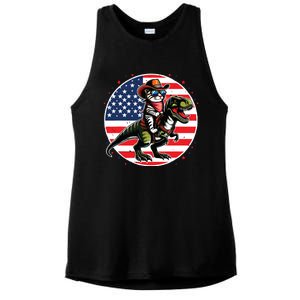 Funny Cowboy Cat Riding Dinosaur Usa Flag Trex 4th Of July Ladies PosiCharge Tri-Blend Wicking Tank