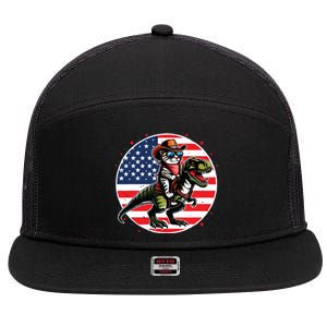 Funny Cowboy Cat Riding Dinosaur Usa Flag Trex 4th Of July 7 Panel Mesh Trucker Snapback Hat