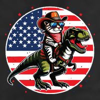 Funny Cowboy Cat Riding Dinosaur Usa Flag Trex 4th Of July 7 Panel Mesh Trucker Snapback Hat