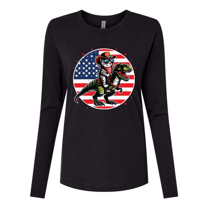 Funny Cowboy Cat Riding Dinosaur Usa Flag Trex 4th Of July Womens Cotton Relaxed Long Sleeve T-Shirt