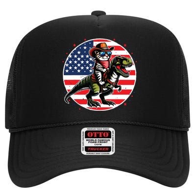 Funny Cowboy Cat Riding Dinosaur Usa Flag Trex 4th Of July High Crown Mesh Back Trucker Hat