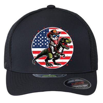 Funny Cowboy Cat Riding Dinosaur Usa Flag Trex 4th Of July Flexfit Unipanel Trucker Cap