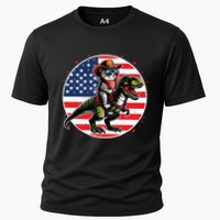 Funny Cowboy Cat Riding Dinosaur Usa Flag Trex 4th Of July Cooling Performance Crew T-Shirt
