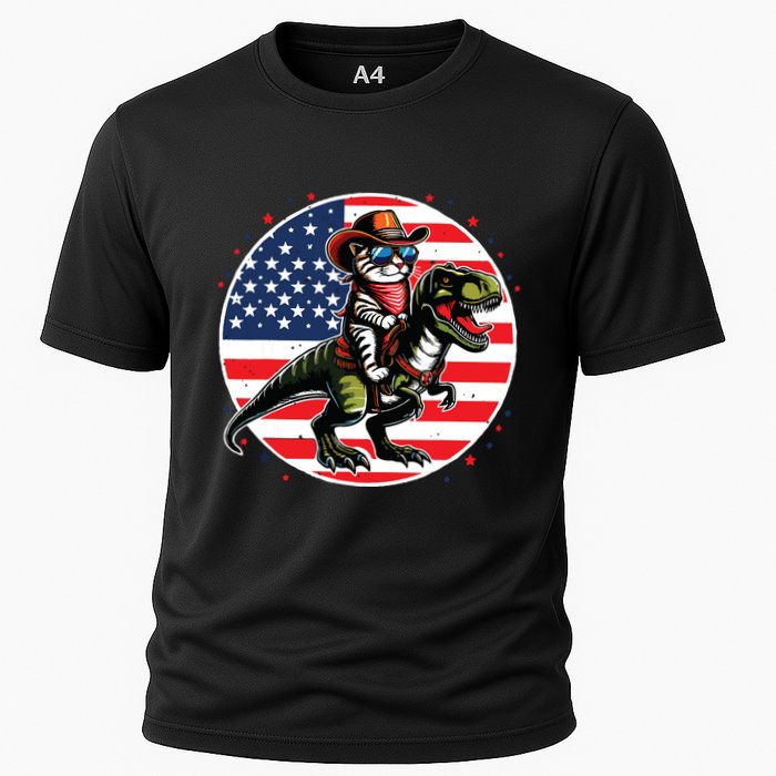 Funny Cowboy Cat Riding Dinosaur Usa Flag Trex 4th Of July Cooling Performance Crew T-Shirt