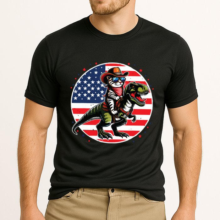 Funny Cowboy Cat Riding Dinosaur Usa Flag Trex 4th Of July Cooling Performance Crew T-Shirt