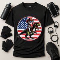 Funny Cowboy Cat Riding Dinosaur Usa Flag Trex 4th Of July Cooling Performance Crew T-Shirt