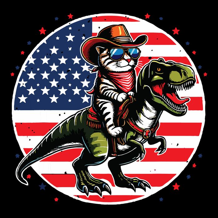 Funny Cowboy Cat Riding Dinosaur Usa Flag Trex 4th Of July Cooling Performance Crew T-Shirt