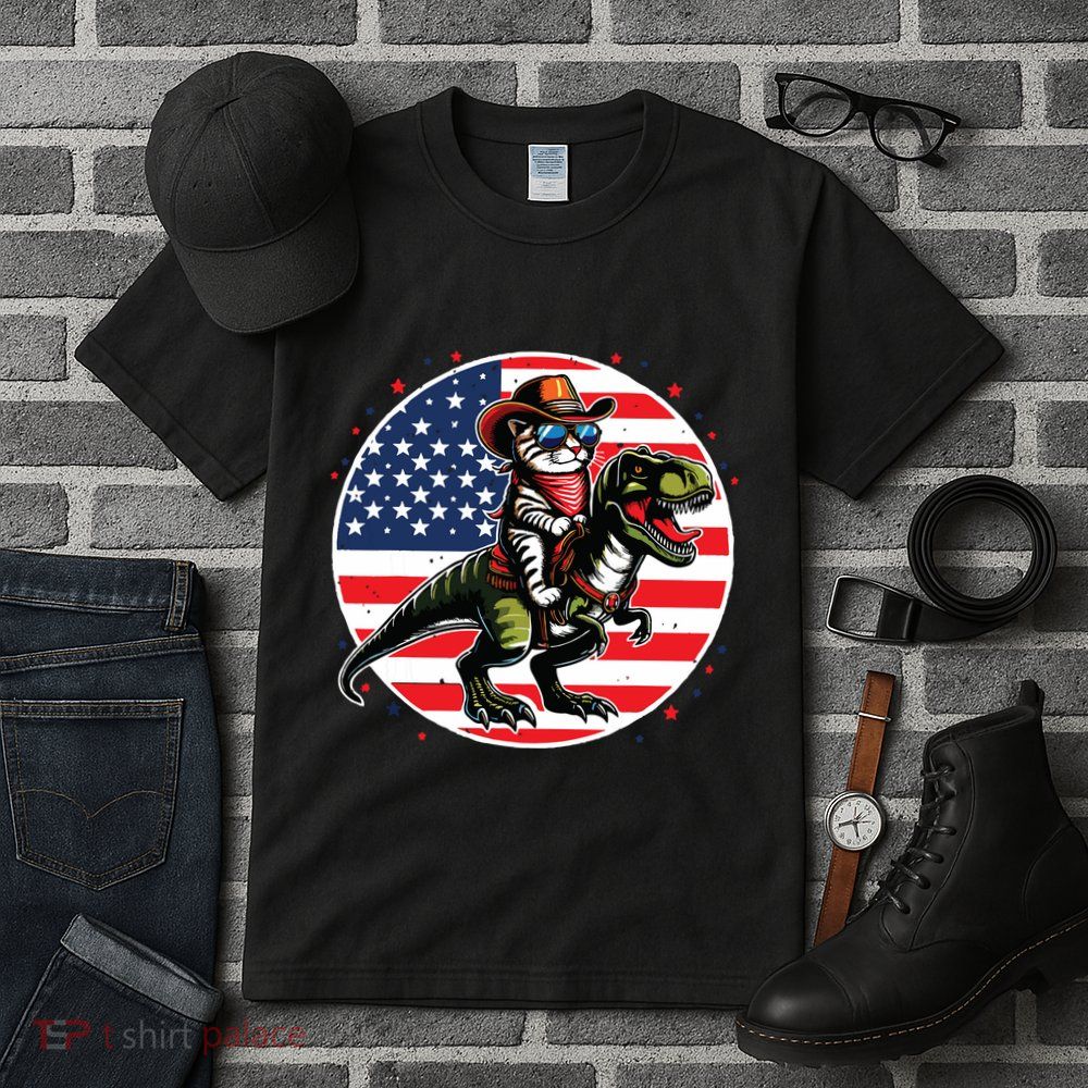 Funny Cowboy Cat Riding Dinosaur Usa Flag Trex 4th Of July Tall T-Shirt